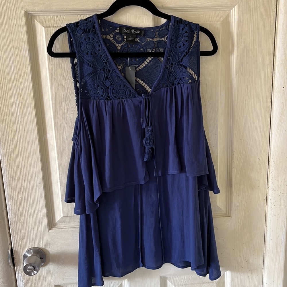 August Silk Indigo Denim Vest Size S Tiered Crochet-Contrast Women’s Top. NWT.